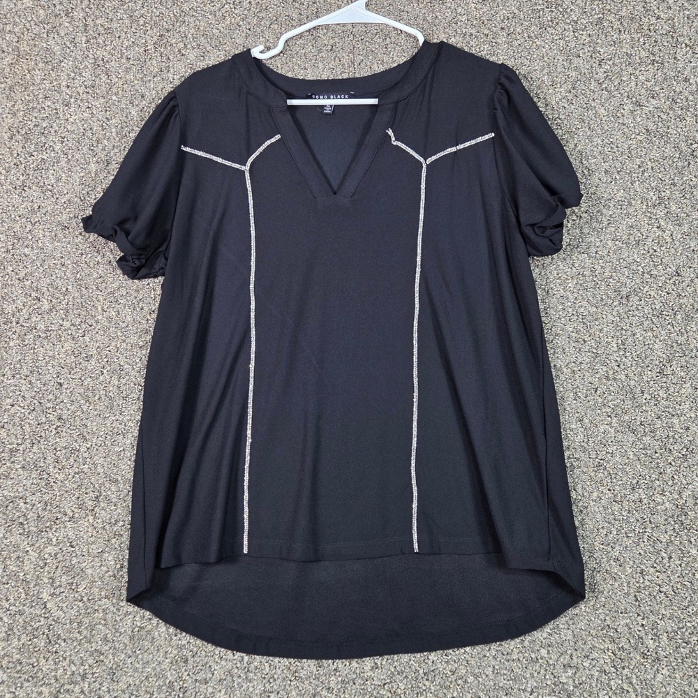 Como Black Top Women XL Black Beaded Trim V-Neck Puff‎ Sleeve CS13809BC